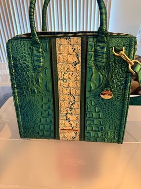 Brahmin Carolina Croc -Embossed Satchel with Cream Center Stripe